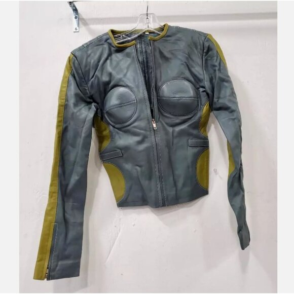 The Glamour Blueprint Trieze Biker Jacket Lambskin Leather Gray Green Women's L - Picture 5 of 12